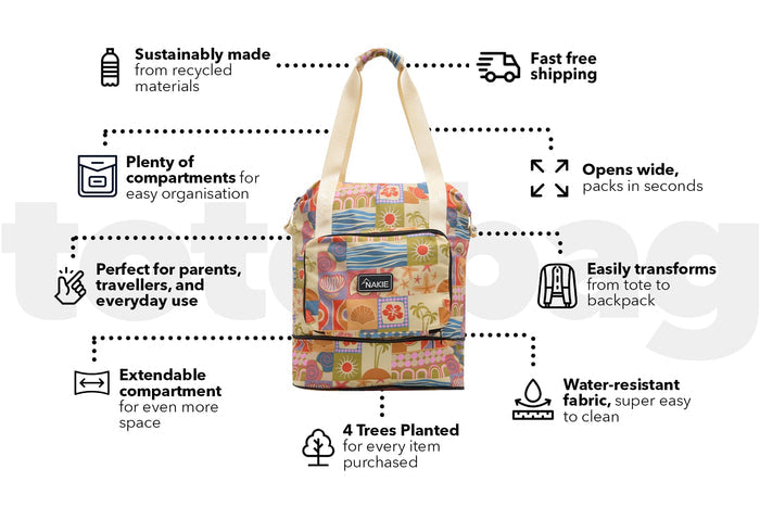 Colorful geometric patterned tote bag with natural canvas handles and expandable compartments, front view.