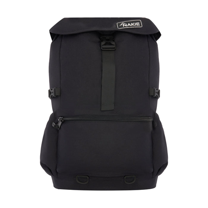 Black recycled travel backpack with roll-top closure, front zip pocket, and adjustable straps