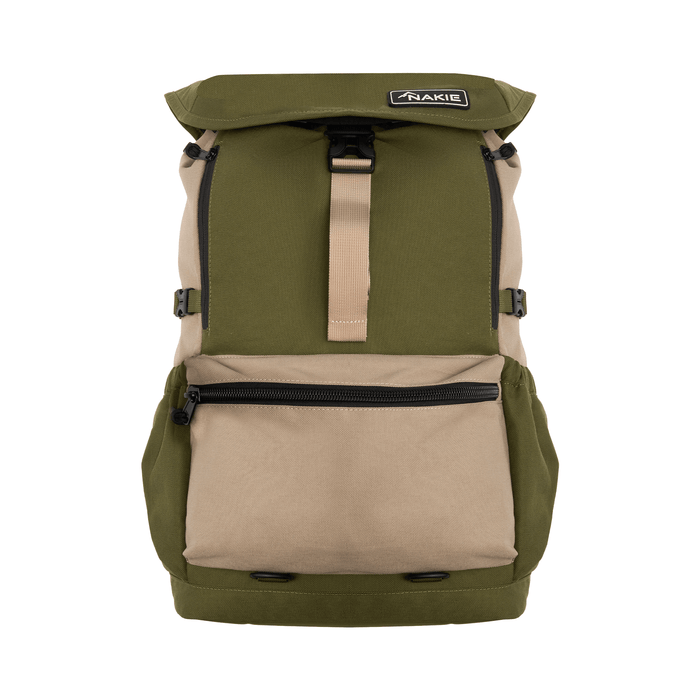 Olive and tan colorblock backpack with roll-top closure, front zip pocket, and tan webbing straps, front view