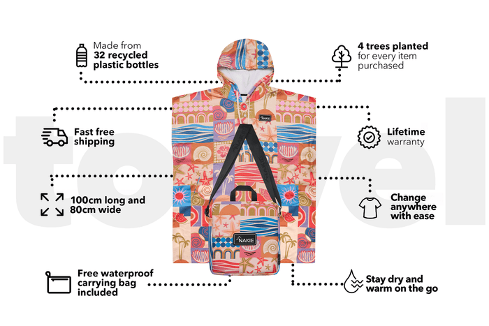 Colorful retro-patterned hooded towel in coral, blue, and pink with black straps and Nakie branding, displayed flat.