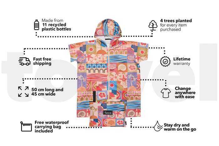 Colorful patchwork kids hooded towel with retro beach-themed prints in coral, blue, and gold tones
