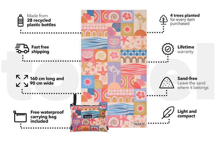 Retro Shores beach towel with colorful patchwork print of suns, starfish, waves, and tropical motifs