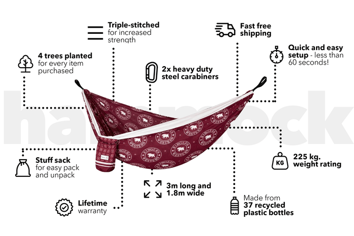 Burgundy patterned hammock with cream straps, triple-stitched construction and heavy-duty steel carabiners attached.