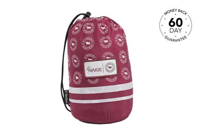 Burgundy drawstring hammock bag with white circular western logo pattern, white stripe band, and black straps