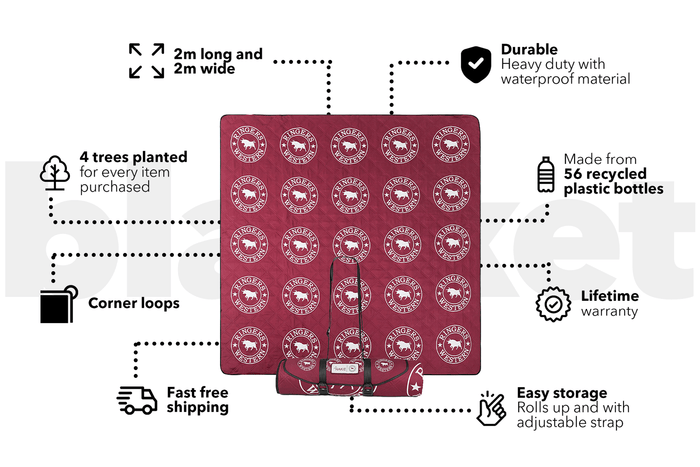 Burgundy picnic blanket with white Ringers Western logos, 2m x 2m, rolled with carrying strap.