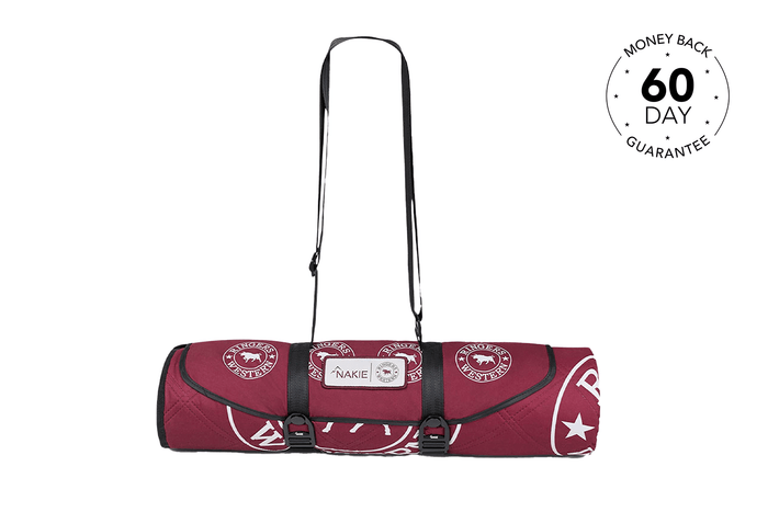 Burgundy recycled picnic blanket with Ringers Western branding, white stars, and black straps