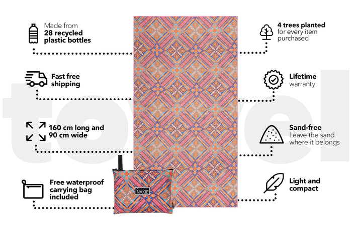 Rosy Tides recycled beach towel with pink, orange and blue geometric diamond pattern, 160cm x 90cm