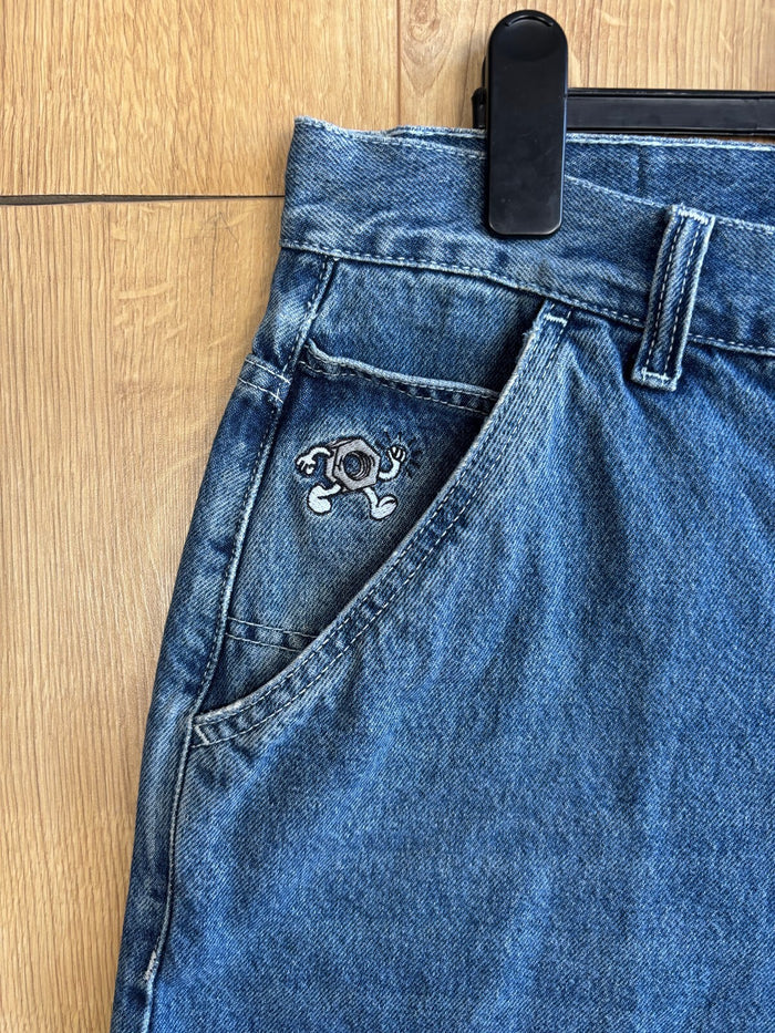Route One Baggy Denim Shorts Dark Blue W34 Skate Jorts Carpenter Embroidered
