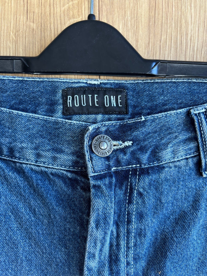 Route One Baggy Denim Shorts Dark Blue W34 Skate Jorts Carpenter Embroidered
