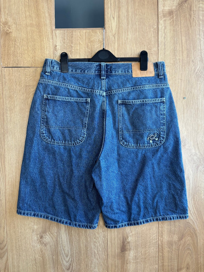 Route One Baggy Denim Shorts Dark Blue W34 Skate Jorts Carpenter Embroidered