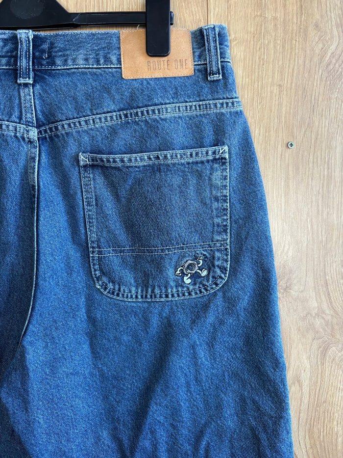 Route One Baggy Denim Shorts Dark Blue W34 Skate Jorts Carpenter Embroidered