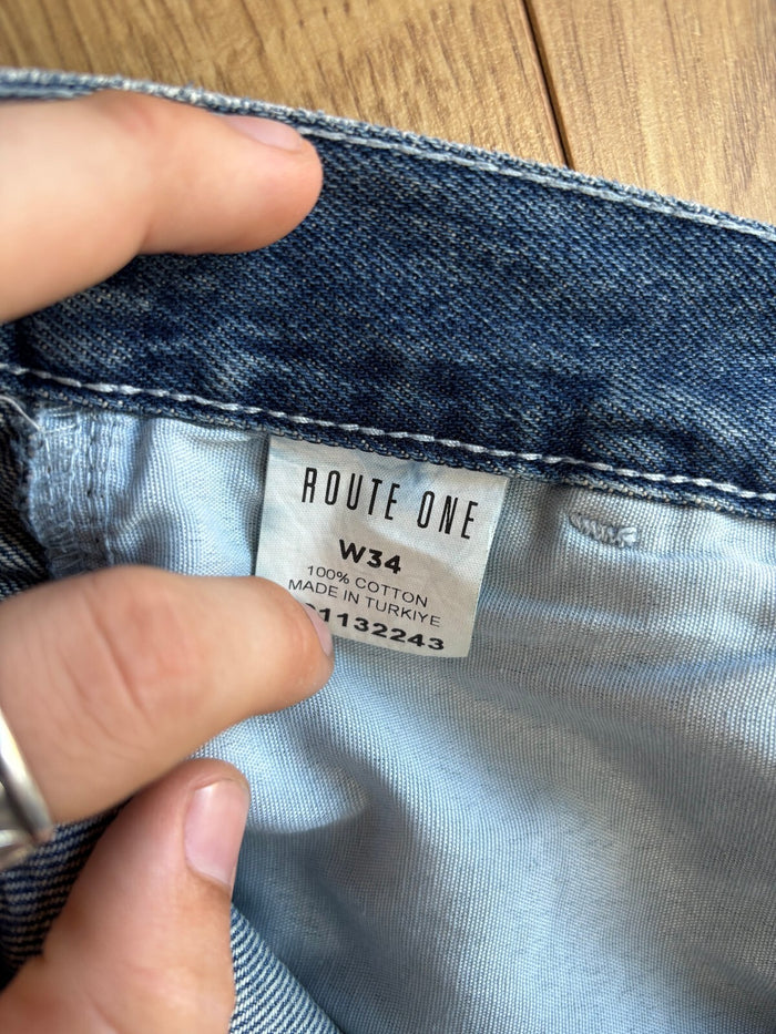 Route One Baggy Denim Shorts Dark Blue W34 Skate Jorts Carpenter Embroidered