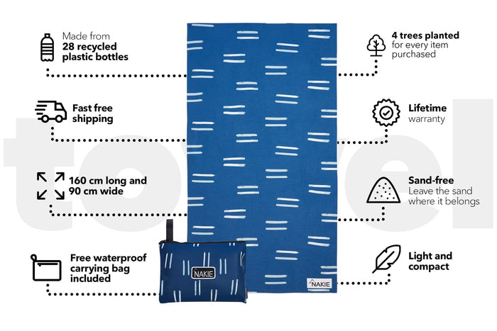 Blue recycled beach towel with white dash pattern, shown flat with matching compact carrying bag, 160cm x 90cm