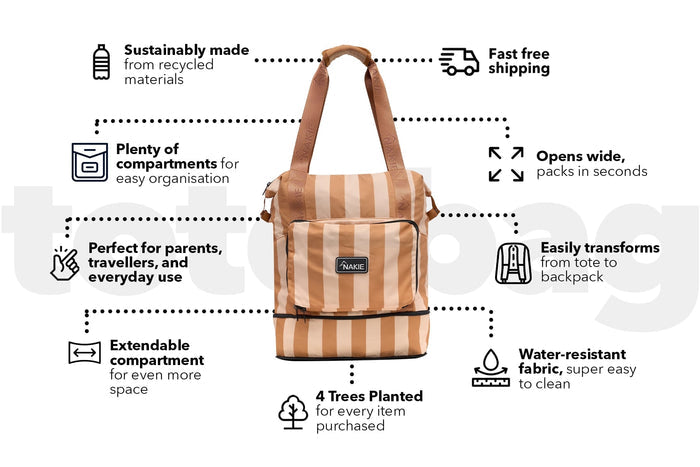 Tan and cream striped recycled tote bag with brown handles and expandable bottom compartment, front view.