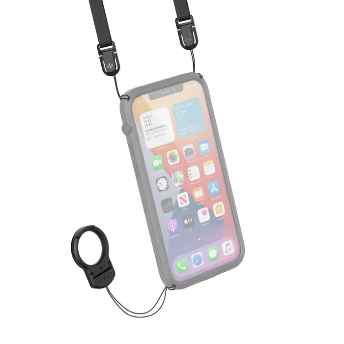 The Shoulder Strap & Ring Stand Bundle by Catalyst Case US features a smartphone in a clear protective case with app icons, hanging from an adjustable black strap. A circular black ring stand with a short lanyard is attached for added security or holding keys.
