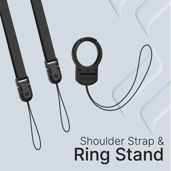 The Catalyst Case US Shoulder Strap & Ring Stand Bundle, shown on a light background, features two black shoulder straps with loops and a black circular ring stand with a looped cord.
