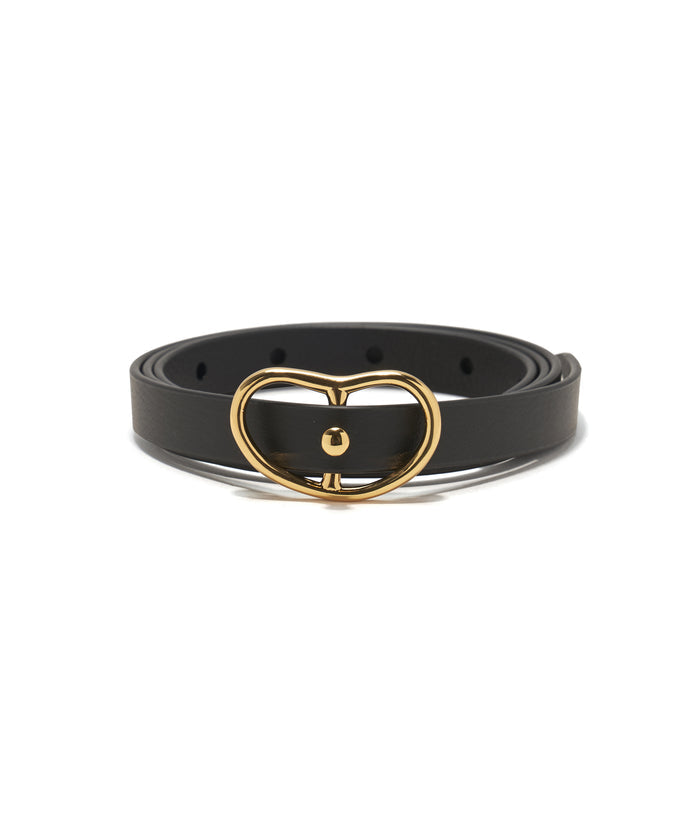 Skinny Georgia Belt In Black. Thin black leather belt with gold-plated brass kidney-shaped buckle.