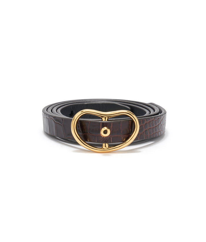 Skinny Georgia Belt in Brown Croc. Thin brown embossed belt with gold kidney-shaped buckle.