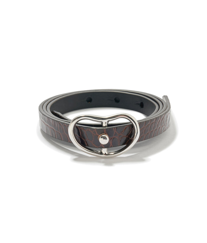 Skinny Georgia Belt In Chocolate Croc. Thin, embossed dark brown leather belt with rhodium-plated brass 'kidney' buckle.