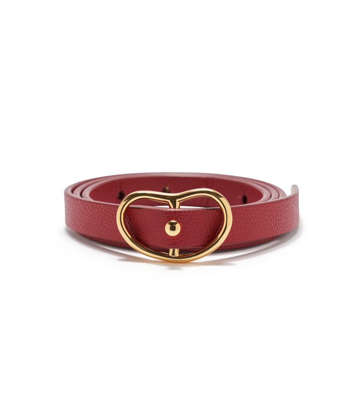 Skinny Georgia Belt in Red. Thin red leather with gold kidney-shaped buckle.