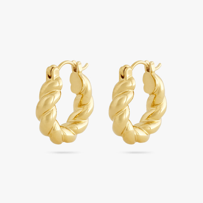 This is a pair of small gold hoops with a twisted detail [pair] color:null|gold