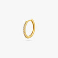 This is a small gold hoop with clear cz gems along the front color:null|gold/clear