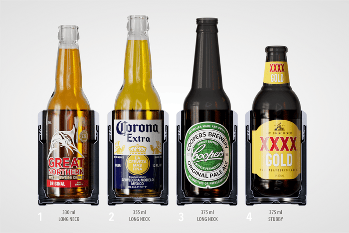 Four beer bottles in black bottle holders showing different sizes and styles: Great Northern Original, Corona Extra, Coopers