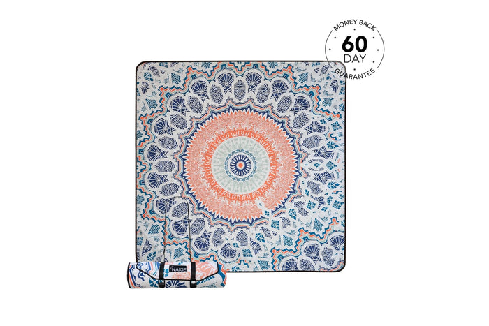 Recycled picnic blanket with coral and navy mandala design