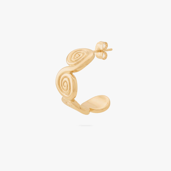 This image shows the front view of a 14k gold plated hoop with spirals along the front