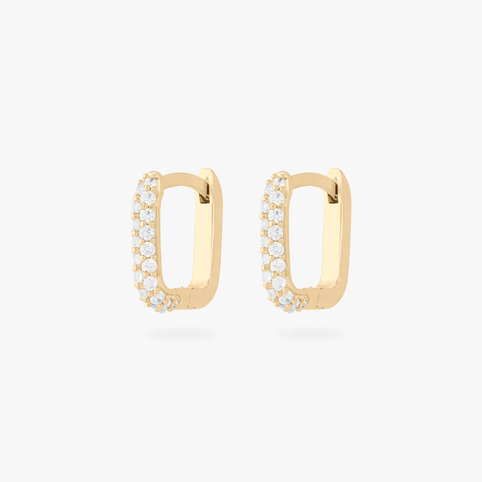 This is an image of a pair of gold-toned, square-shaped huggies with pave CZ stones. [pair] color:null|gold/clear