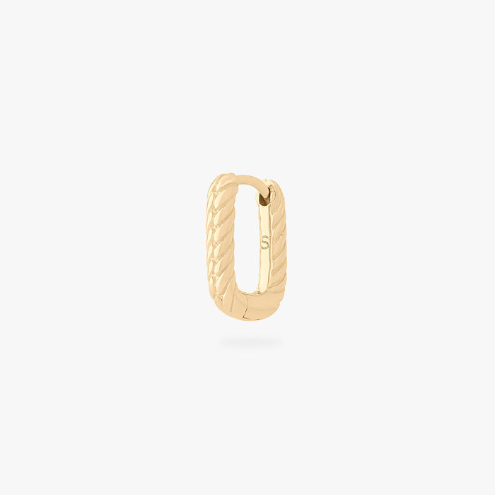 This is an image of a gold-toned, square shaped huggie that has twists throughout it. color:null|gold