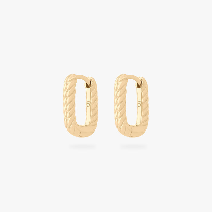 This is an image of a pair of gold-toned, square shaped huggies that have twists throughout them. [pair] color:null|gold