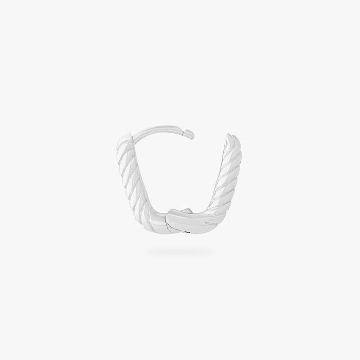 This is an image of a silver-toned, square shaped huggie that has twists throughout it. color:null|silver