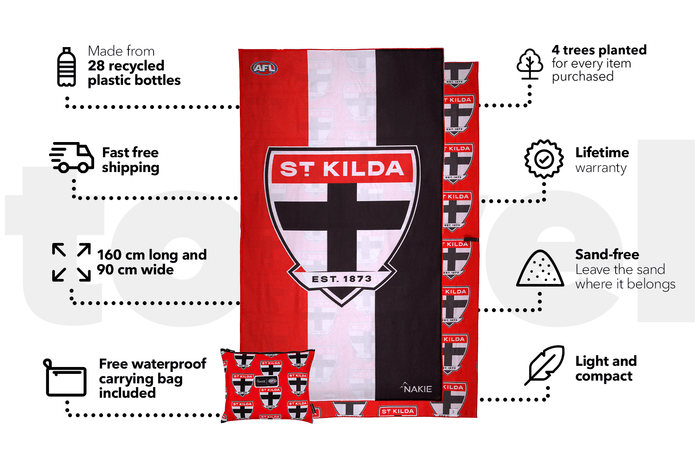 St Kilda Saints AFL beach towel with red, white and black vertical stripes and emblem, displayed flat with product features a
