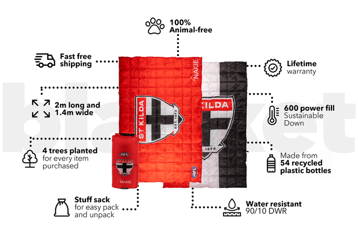 St Kilda Saints puffy blanket in red, white and black with team crest, featuring sustainable down fill and stuff sack.