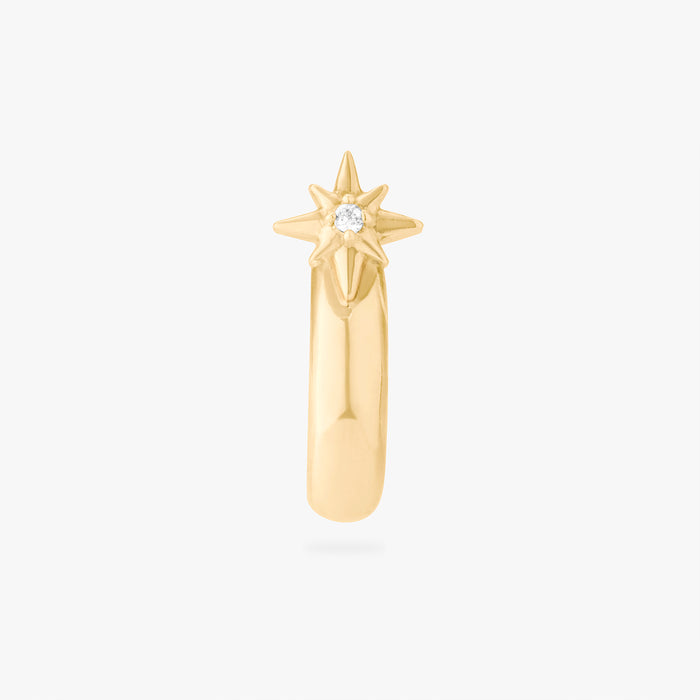 This is an image of a 14K gold plated stud with a twinkle star with a crystal CZ that is shaped like a hoop against a white background.