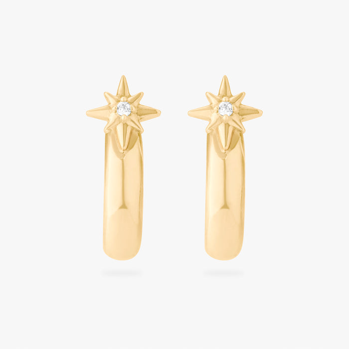 This is an image of a pair of 14K gold plated studs with twinkle stars with  crystal CZs that are shaped like hoops against a white background.