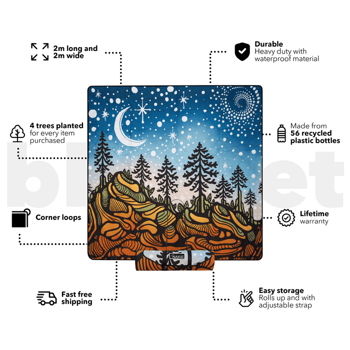 Starry Nights recycled picnic blanket with night sky and forest design, 2m x 2m, corner loops, rolled with strap.
