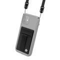 The Catalyst Case US Stick On Wallet & Shoulder Strap Bundle in Stealth Black features a semi-transparent case with an attached black wallet and adjustable strap, secured by metal clasps at the top corners of your smartphone.