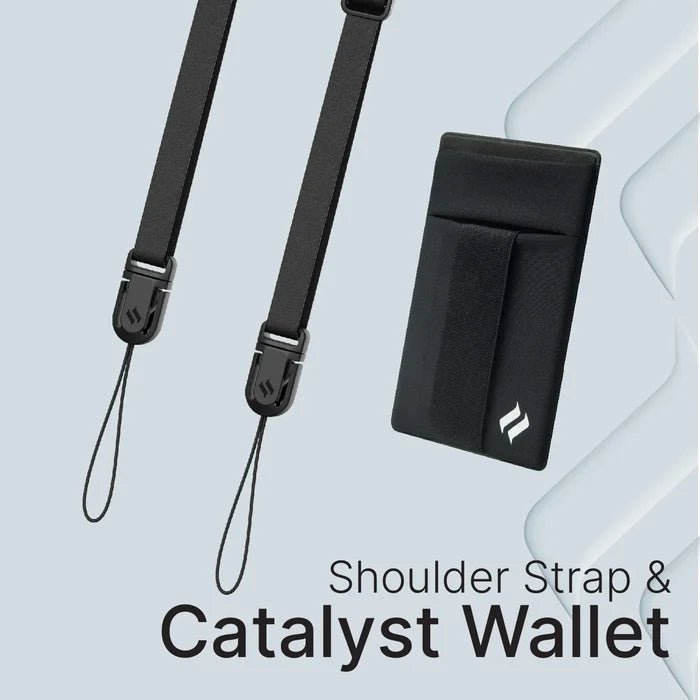 The Catalyst Case US Stick On Wallet & Shoulder Strap Bundle features a sleek black wallet with a white geometric logo and a matching adjustable strap with metal clips, all styled on an abstract light background.