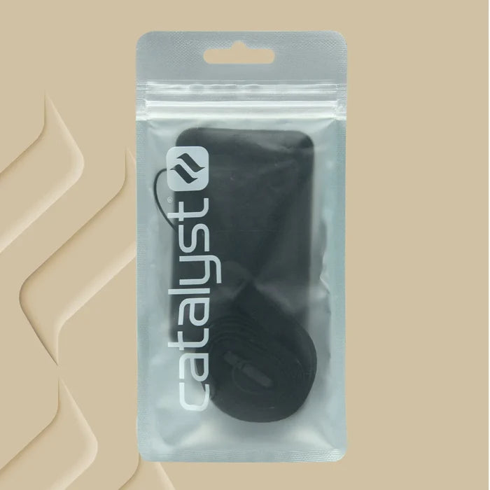 A sealed clear pouch with a gray zipper and hanger hole displays the black Stick On Wallet & Shoulder Strap Bundle from Catalyst Case US, labeled “catalyst” in bold white letters. The product description appears incomplete or has encoding issues.