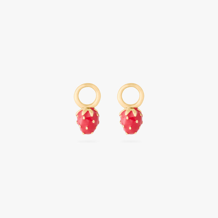 This is an image of a pair of gold earring charms in the shape of strawberries with red enameling. [pair] color:null|gold/red