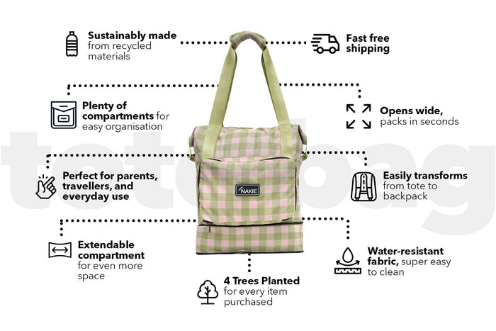 Pink and sage green gingham convertible tote bag with dual handles and expandable compartment.