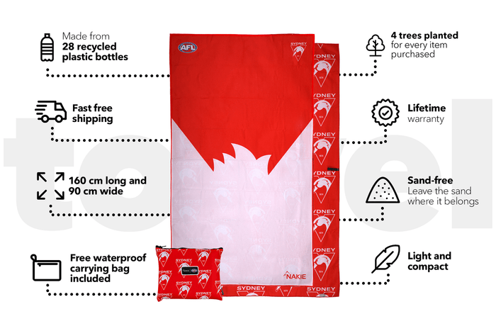 Red and white Sydney Swans AFL beach towel with sand-free microfiber design, 160cm x 90cm, shown with carrying bag