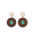 Taj Disc Earrings in Acacia Wood. Pair with round pearl tops and hanging wood circles inlaid with green stones