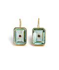 Tile Earrings in Aqua. Gold-plated brass earwires with light aqua rectangular glass stones and tiny faceted garnet.