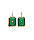 Tile Earrings in Forest. Gold-plated earwires with bright green rectangular glass stones and tiny rhodolite gems.