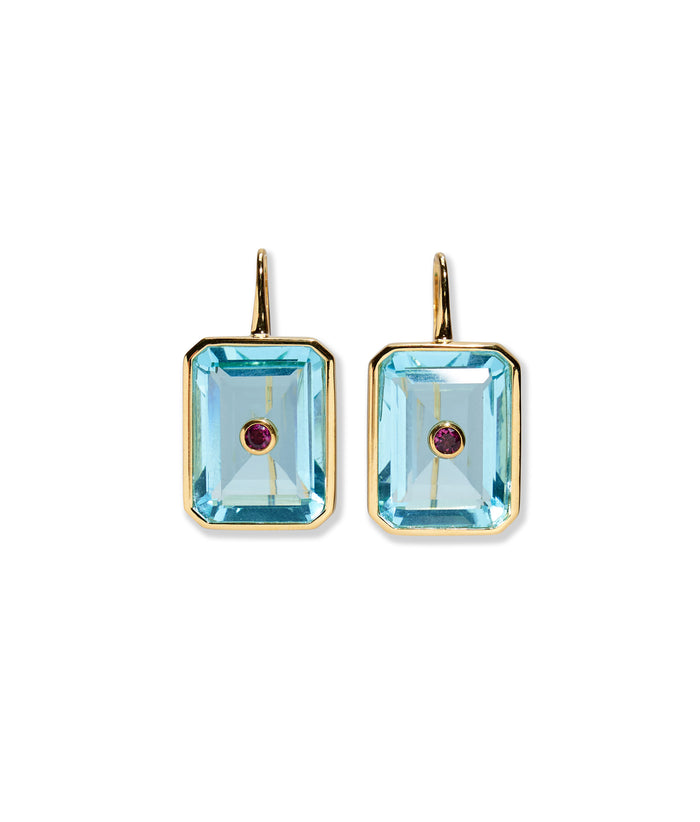 Tile Earrings in Poolside. Pair of rectangular baguette blue glass earrings inset with pink rhodolite