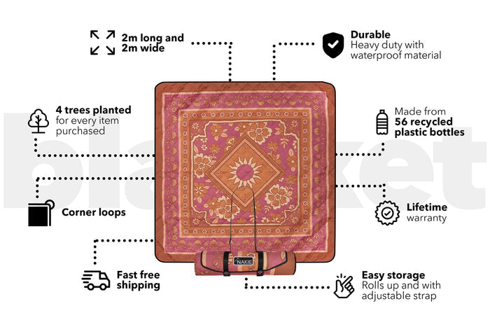 Pink floral picnic blanket 2m x 2m with brown border, corner loops, and tan carrying strap.