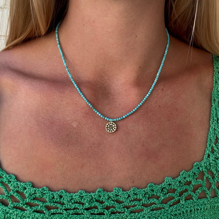 Turquoise Beaded & Gold Dotted Pendant Necklace G